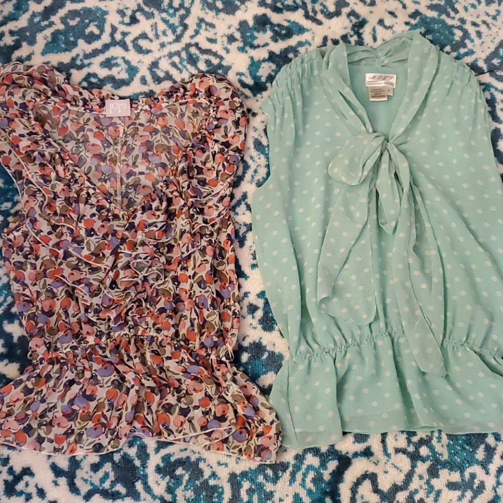 2 silky patterned sleeveless blouses